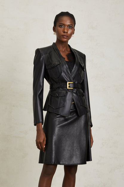 Isabel Black Belted Faux Leather Jacket