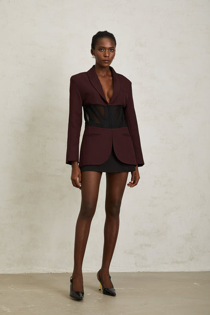 Noémie Burgundy Corset Panelled Blazer
