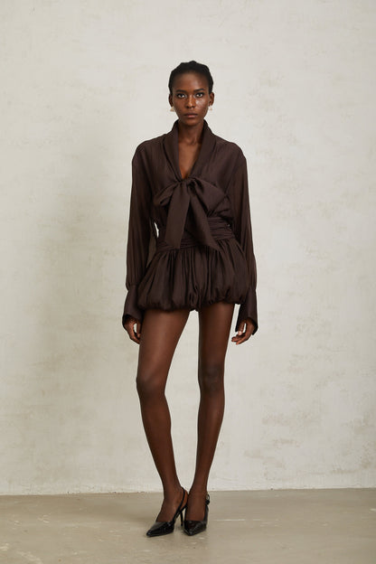 Isabella Brown Ribbon Tie Neck Mini Dress