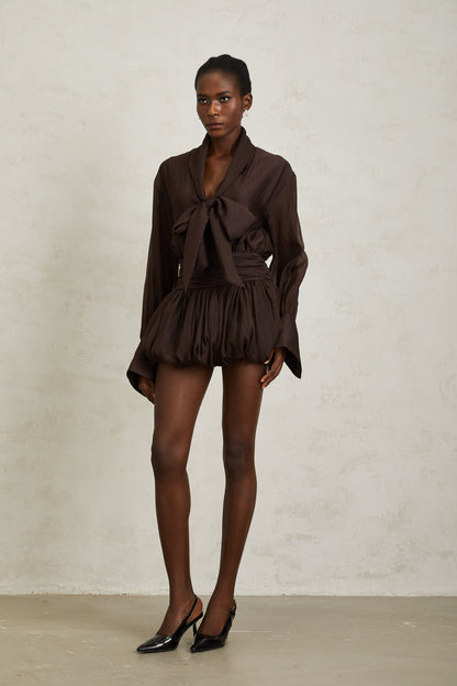 Isabella Brown Ribbon Tie Neck Mini Dress