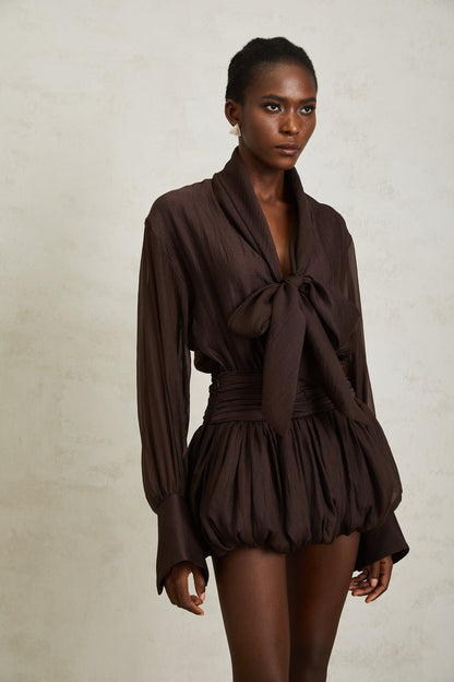 Isabella Brown Ribbon Tie Neck Mini Dress