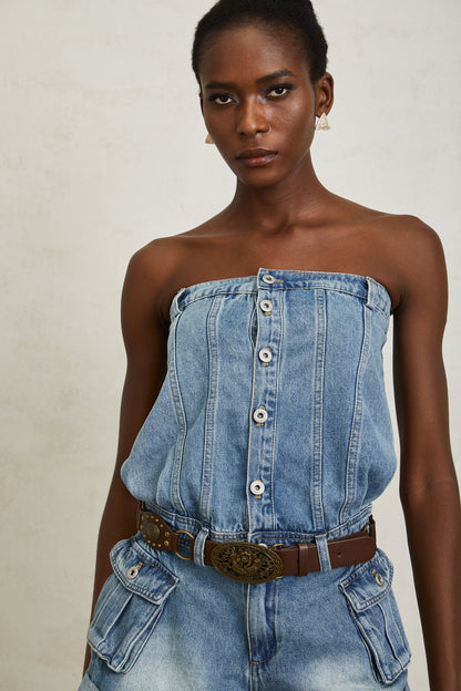 Marta Blue Faded Effect Denim Playsuit