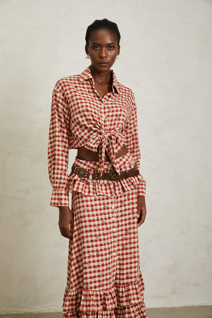 Céline Red Rose Print Plaid Shirt & Skirt Set