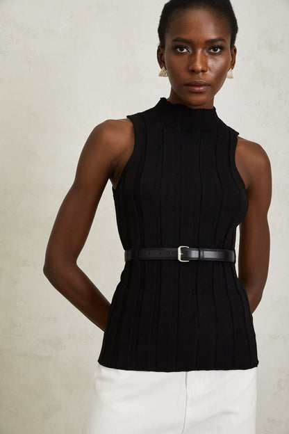 Maelle Black Belted Ribbed Knit Top