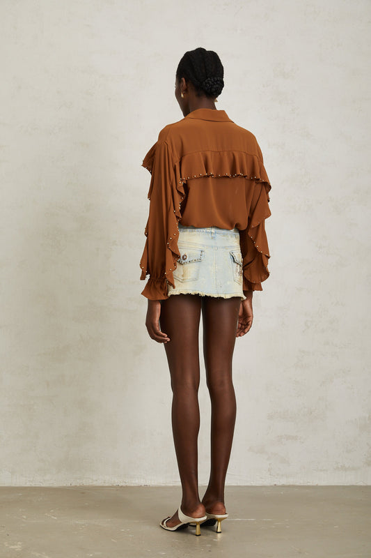 Isaline Caramel Beaded Ruffled Chiffon Blouse