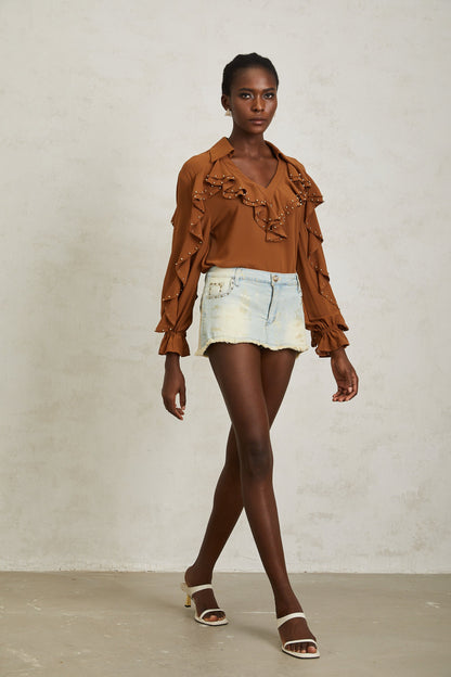 Isaline Caramel Beaded Ruffled Chiffon Blouse