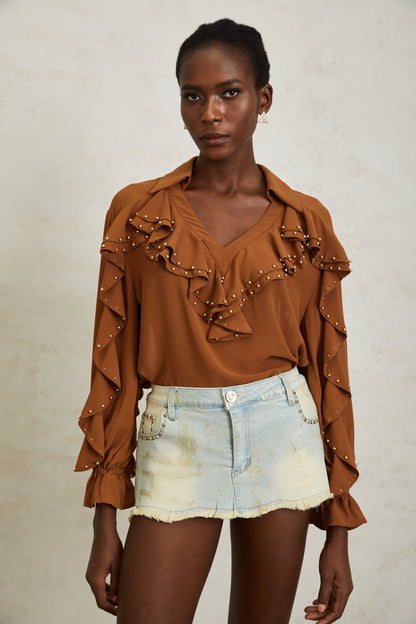 Isaline Caramel Beaded Ruffled Chiffon Blouse