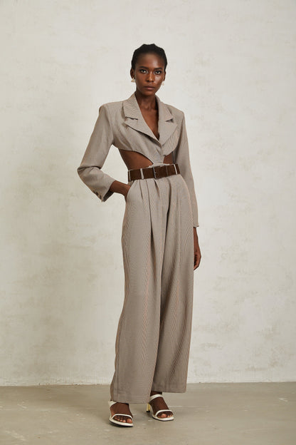 Cayetana Khaki Cut Out Houndstooth Jumpsuit