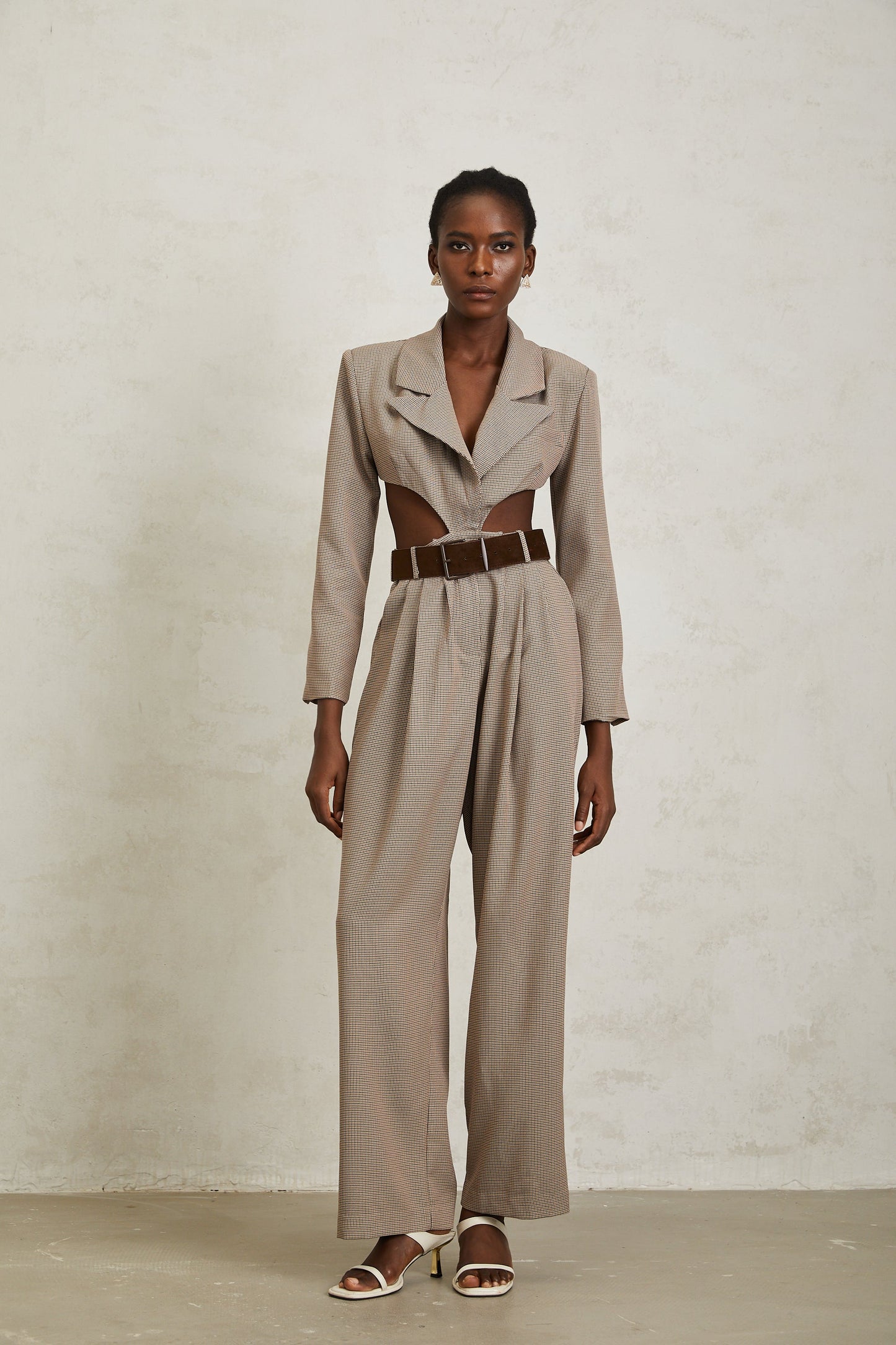 Cayetana Khaki Cut Out Houndstooth Jumpsuit