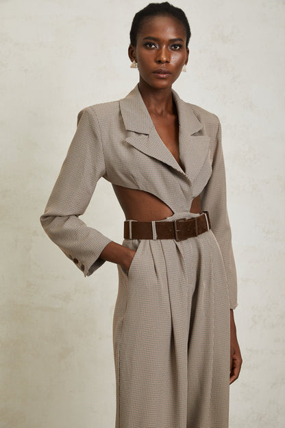 Cayetana Khaki Cut Out Houndstooth Jumpsuit