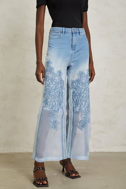 Inmaculada Blue Tulle Panel Floral Embroidered Jeans