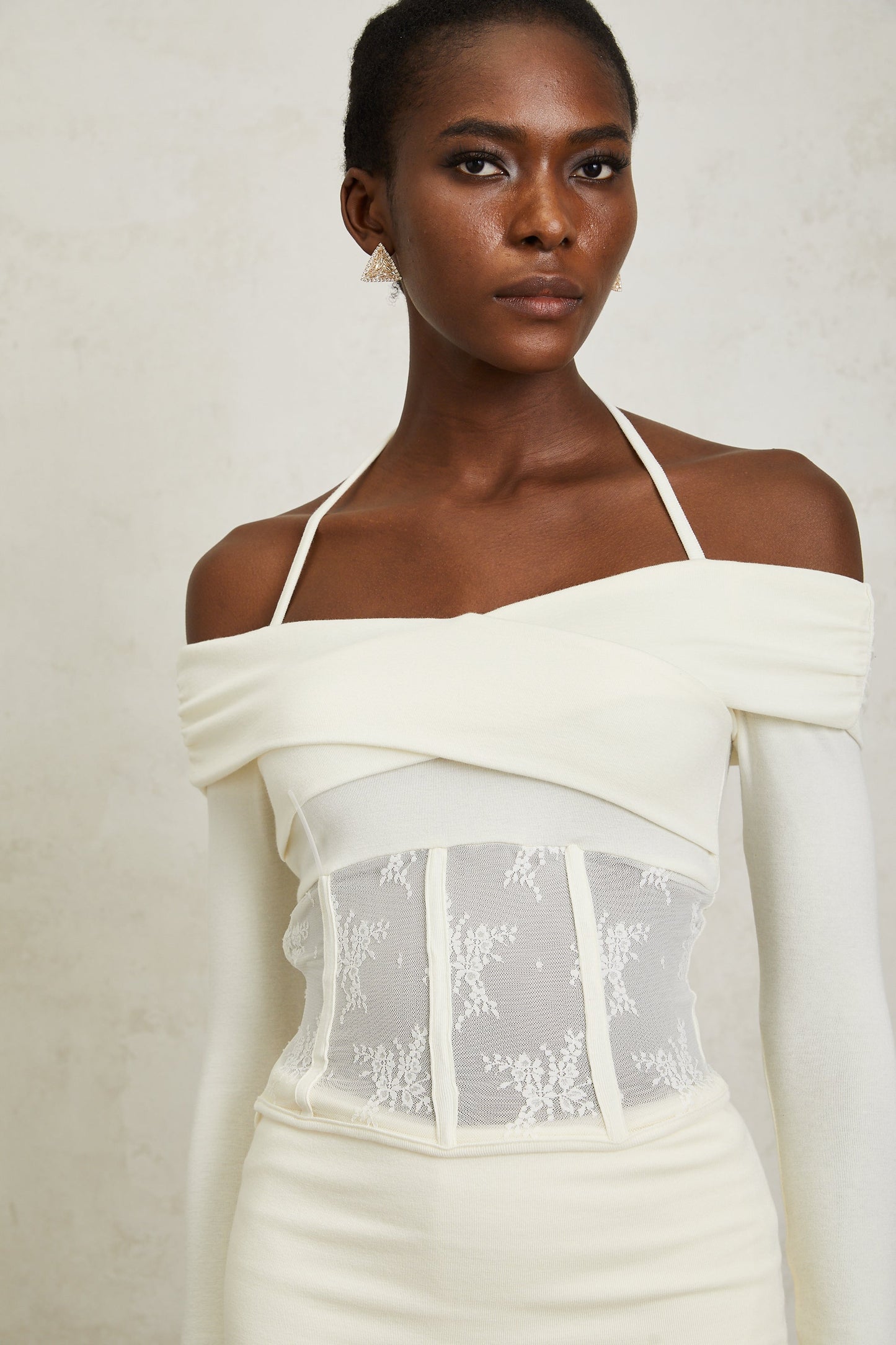 Coralie White Lace Panel Knit Blouse & Skirt Set