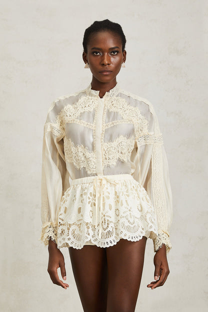 Noa Neutral Floral Lace Blouse & Skirt Set