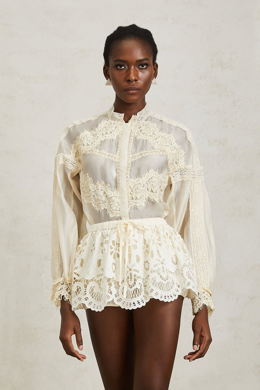 Noa Neutral Floral Lace Blouse & Skirt Set