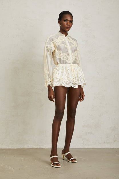 Noa Neutral Floral Lace Blouse & Skirt Set