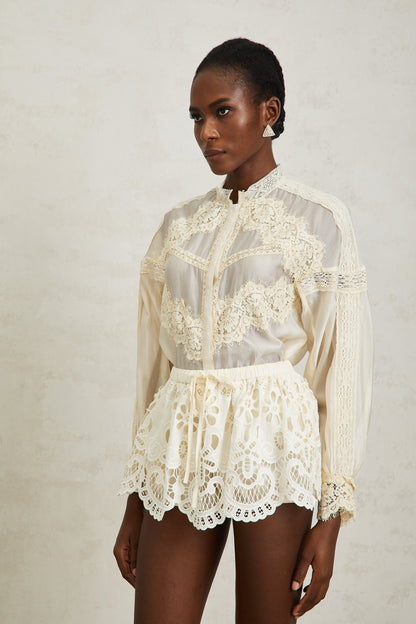 Noa Neutral Floral Lace Blouse & Skirt Set