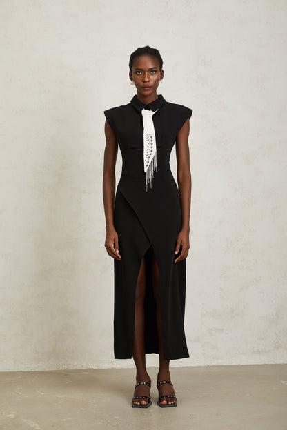 Daniela Black Necktie High Slit Midi Dress