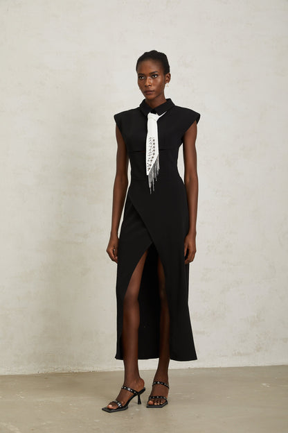 Daniela Black Necktie High Slit Midi Dress