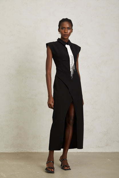 Daniela Black Necktie High Slit Midi Dress