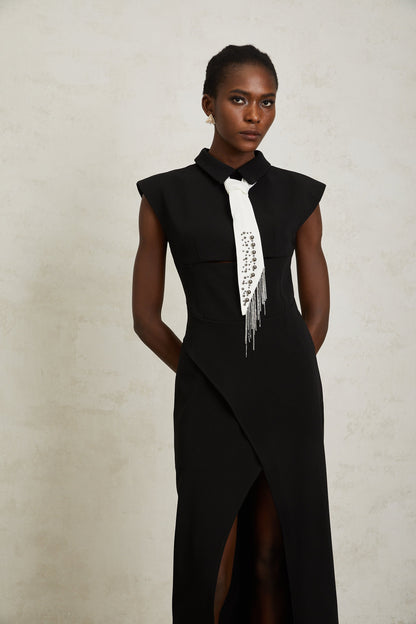 Daniela Black Necktie High Slit Midi Dress