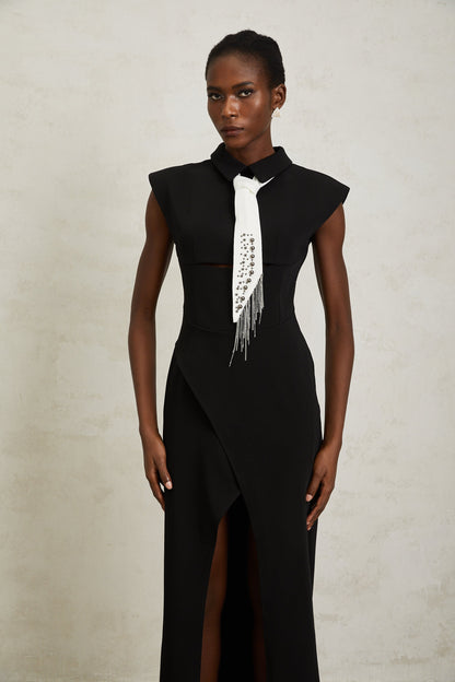 Daniela Black Necktie High Slit Midi Dress