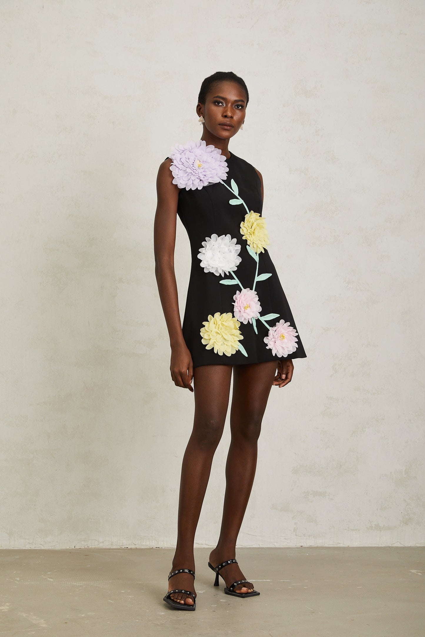 Véronique Black 3D Petal Sleeveless Mini Dress
