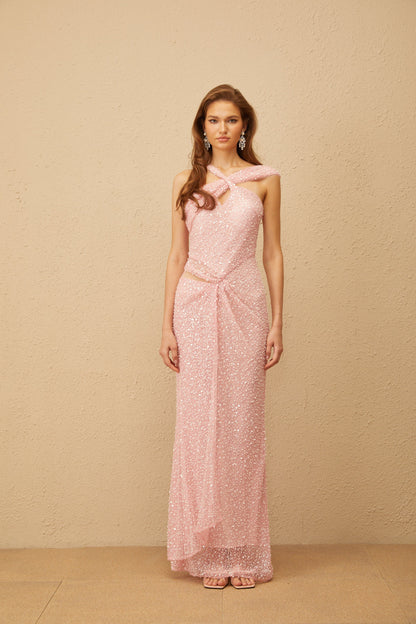 Cendrine Pink Sequined Gathered Corset Maxi Dress
