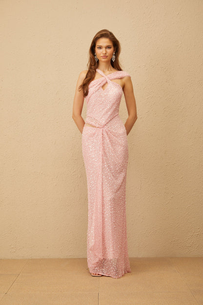 Cendrine Pink Sequined Gathered Corset Maxi Dress