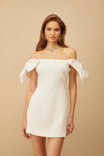 Sirkka White Off Shoulder Bowknot Mini Dress