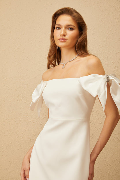 Sirkka White Off Shoulder Bowknot Mini Dress