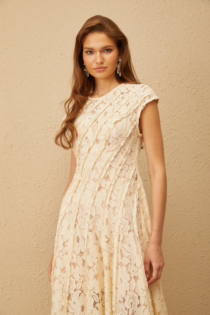 Adèle Neutral Floral Lace Midi Dress
