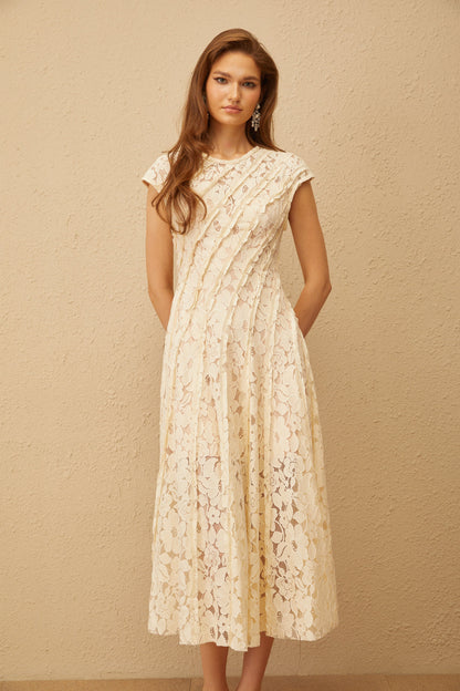 Adèle Neutral Floral Lace Midi Dress
