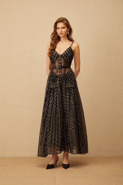 Aloïse Black Polka Dot Pleated Midi Dress
