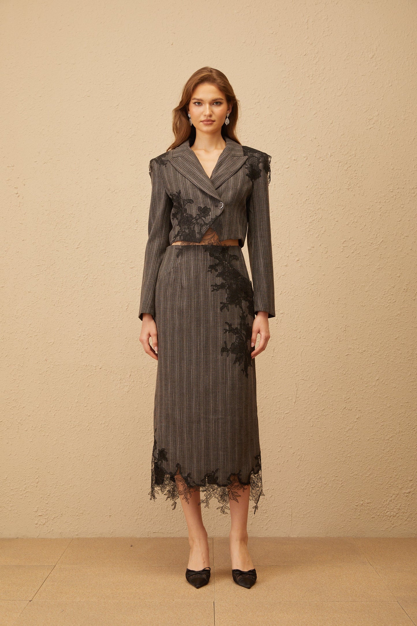 Sidonie Grey Floral Appliqué Striped Blazer & Skirt Set
