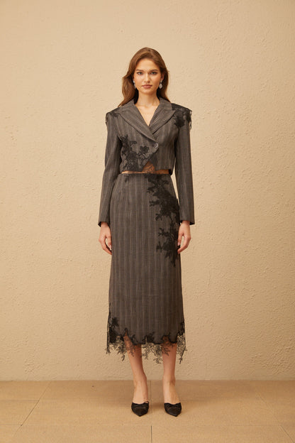 Sidonie Grey Floral Appliqué Striped Blazer & Skirt Set