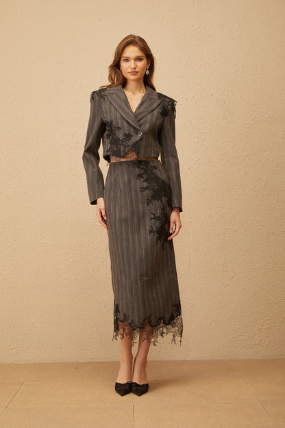 Sidonie Grey Floral Appliqué Striped Blazer & Skirt Set
