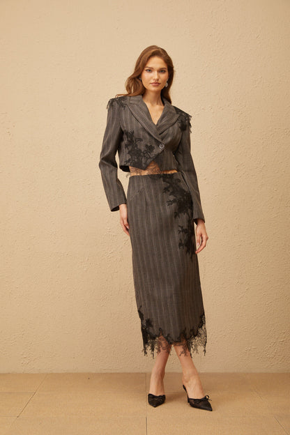 Sidonie Grey Floral Appliqué Striped Blazer & Skirt Set