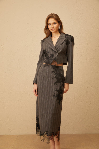 Sidonie Grey Floral Appliqué Striped Blazer & Skirt Set