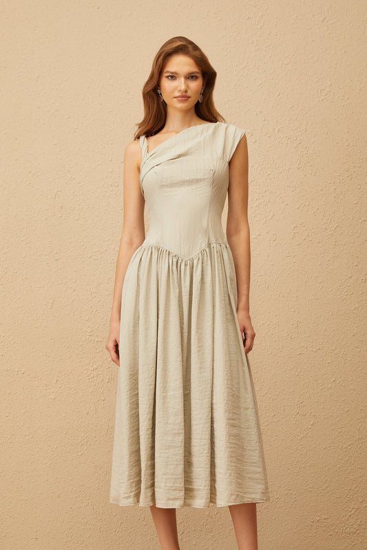 Thorne Bean Green Asymmetrical Midi Dress