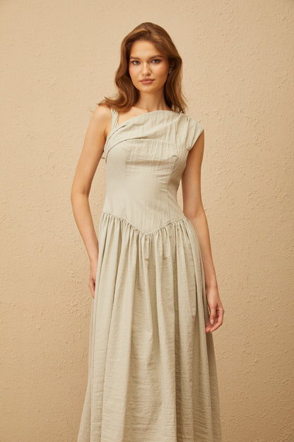 Thorne Bean Green Asymmetrical Midi Dress