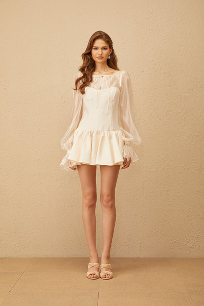 Irène Neutral Self Tie Organza Panel Mini Dress