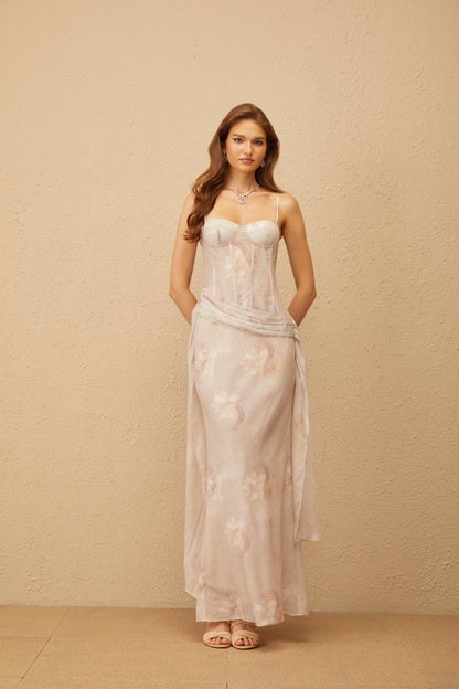 Emeline Grey Floral Print Corset Maxi Dress