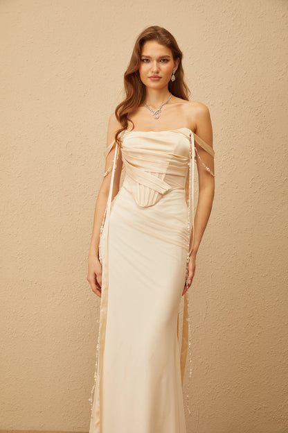 Lorraine Neutral Ruched Mesh Corset Maxi Dress
