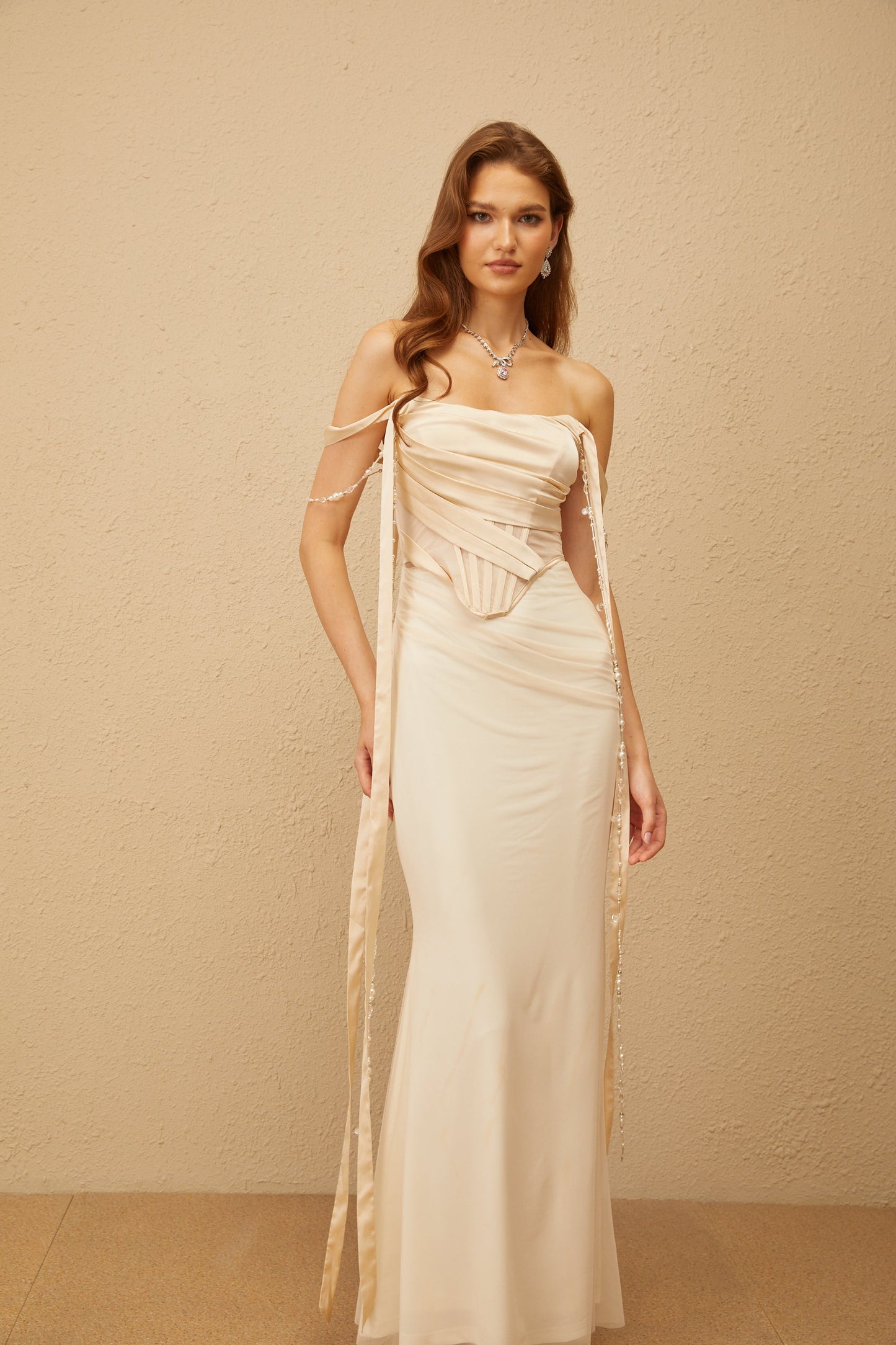 Lorraine Neutral Ruched Mesh Corset Maxi Dress