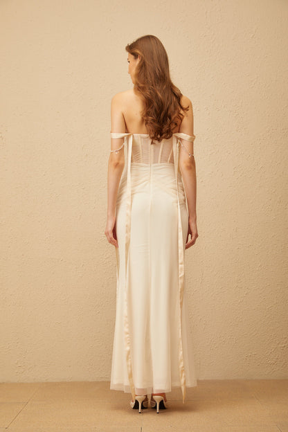 Lorraine Neutral Ruched Mesh Corset Maxi Dress