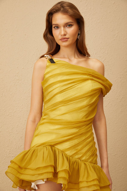 Justine Yellow One Shoulder Ruched Mini Dress