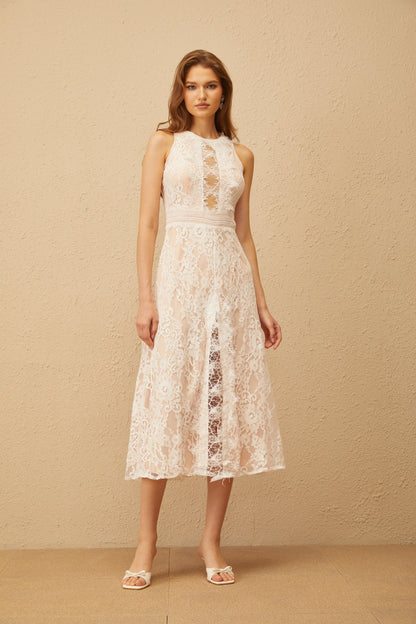 Cerise White Open Back Floral Lace Midi Dress