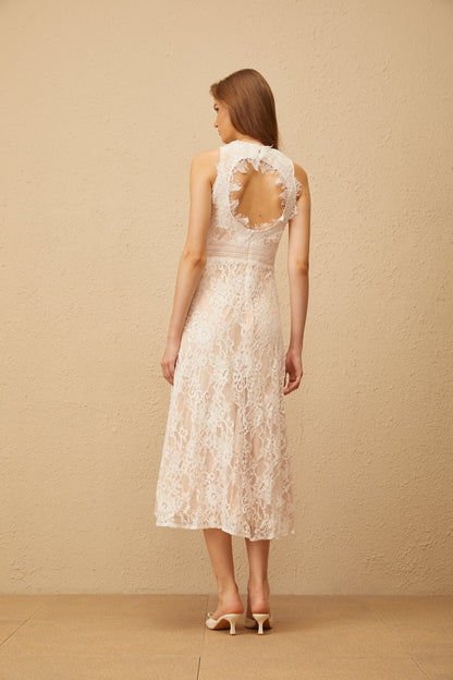 Cerise White Open Back Floral Lace Midi Dress