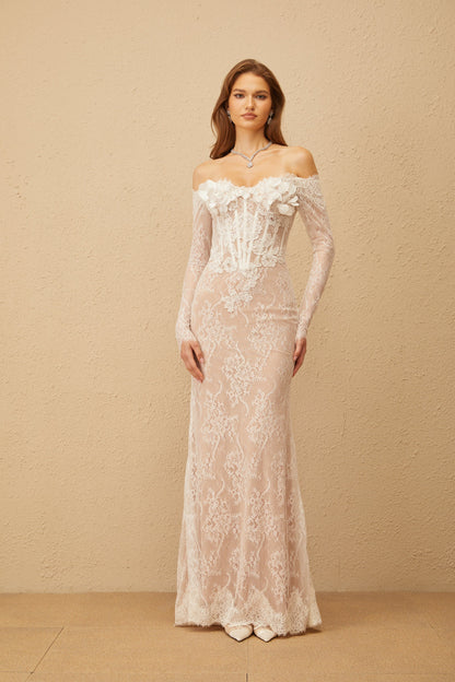 Carmen White Embellished Floral Lace Maxi Dress