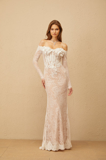 Carmen White Embellished Floral Lace Maxi Dress